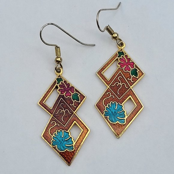 Vintage 80s Dangle Cloisonne Floral Geometric Asian Motif Earrings - Picture 3 of 5